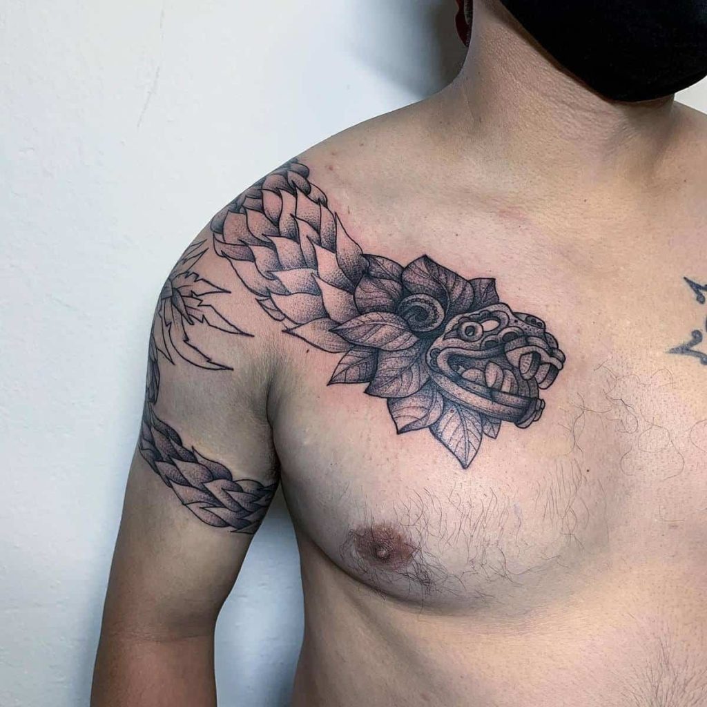 Black and Grey Shoulder Quetzalcoatl Tattoo Design