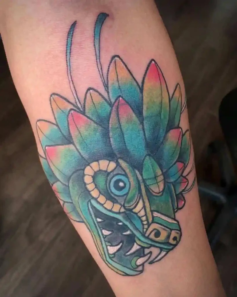 Colorful Quetzalcoatl Head Design Tattoo Design