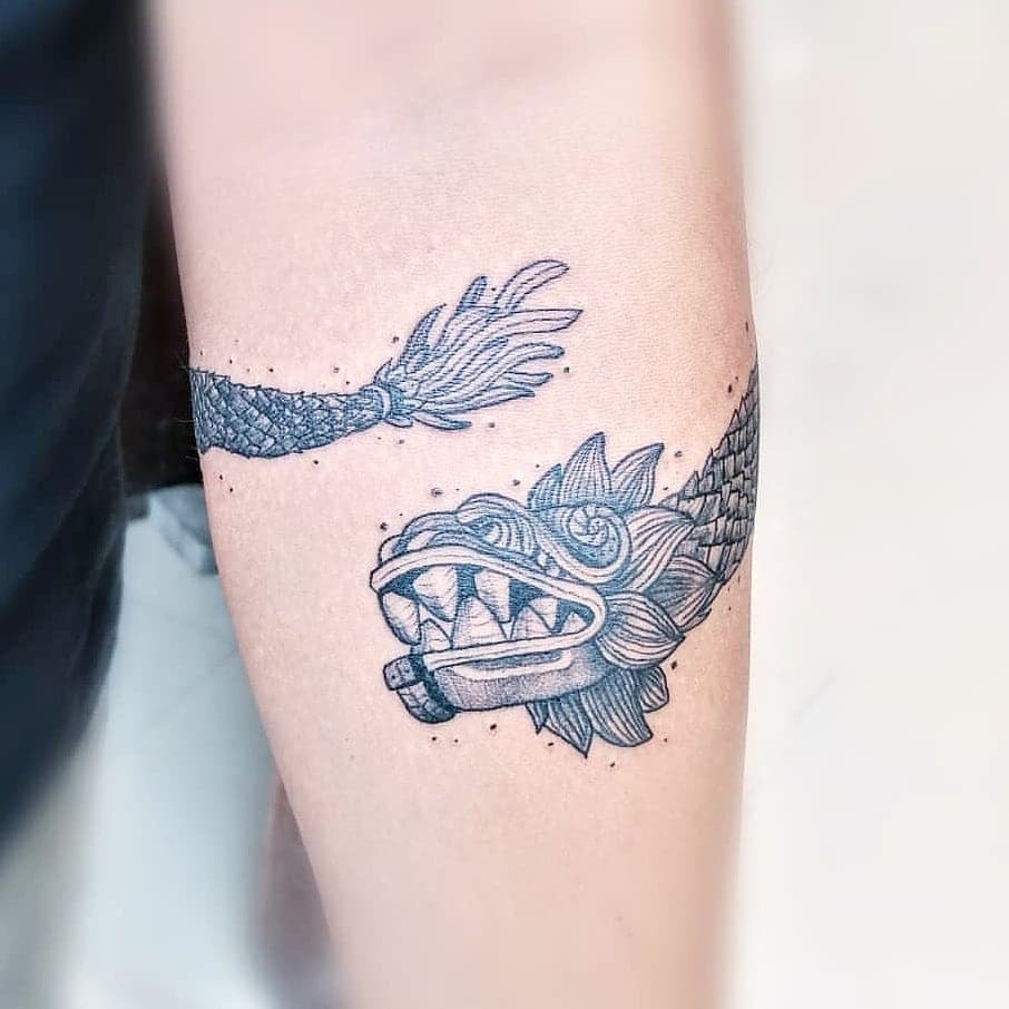 Linear Quetzalcoatl with Feathered Details Tattoo Design