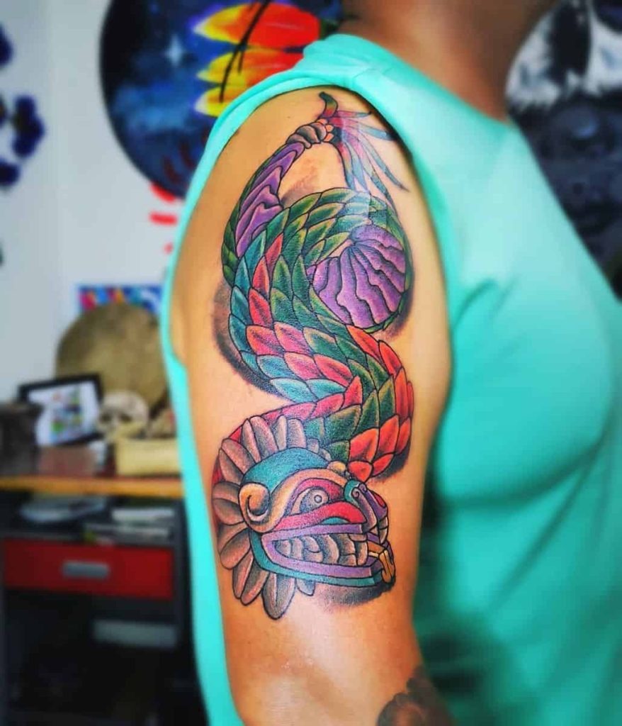 Mayan-Inspired Colorful Serpent Tattoo Design