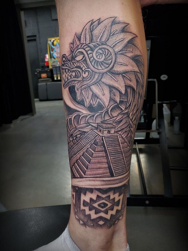 Monochrome Aztec-Inspired Masterpiece Tattoo Design