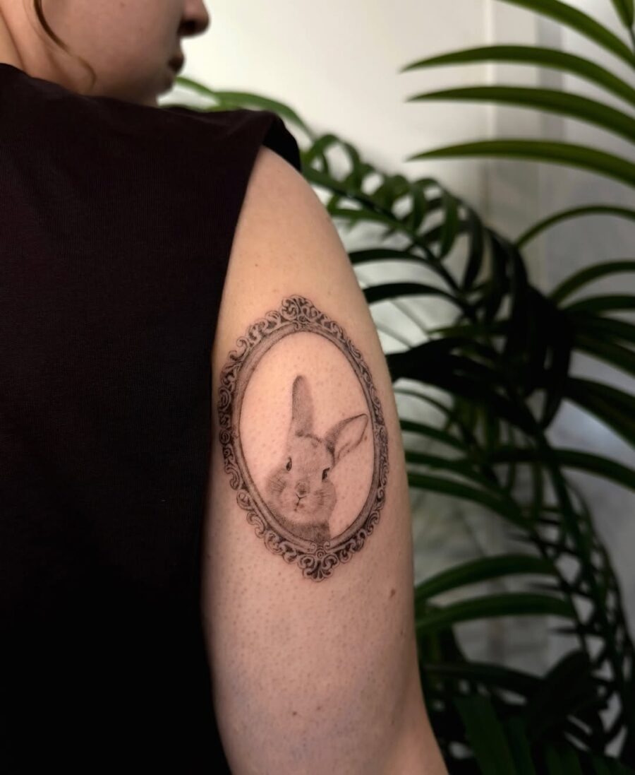 Elegant framed rabbit portrait tattoo design Tattoo Design