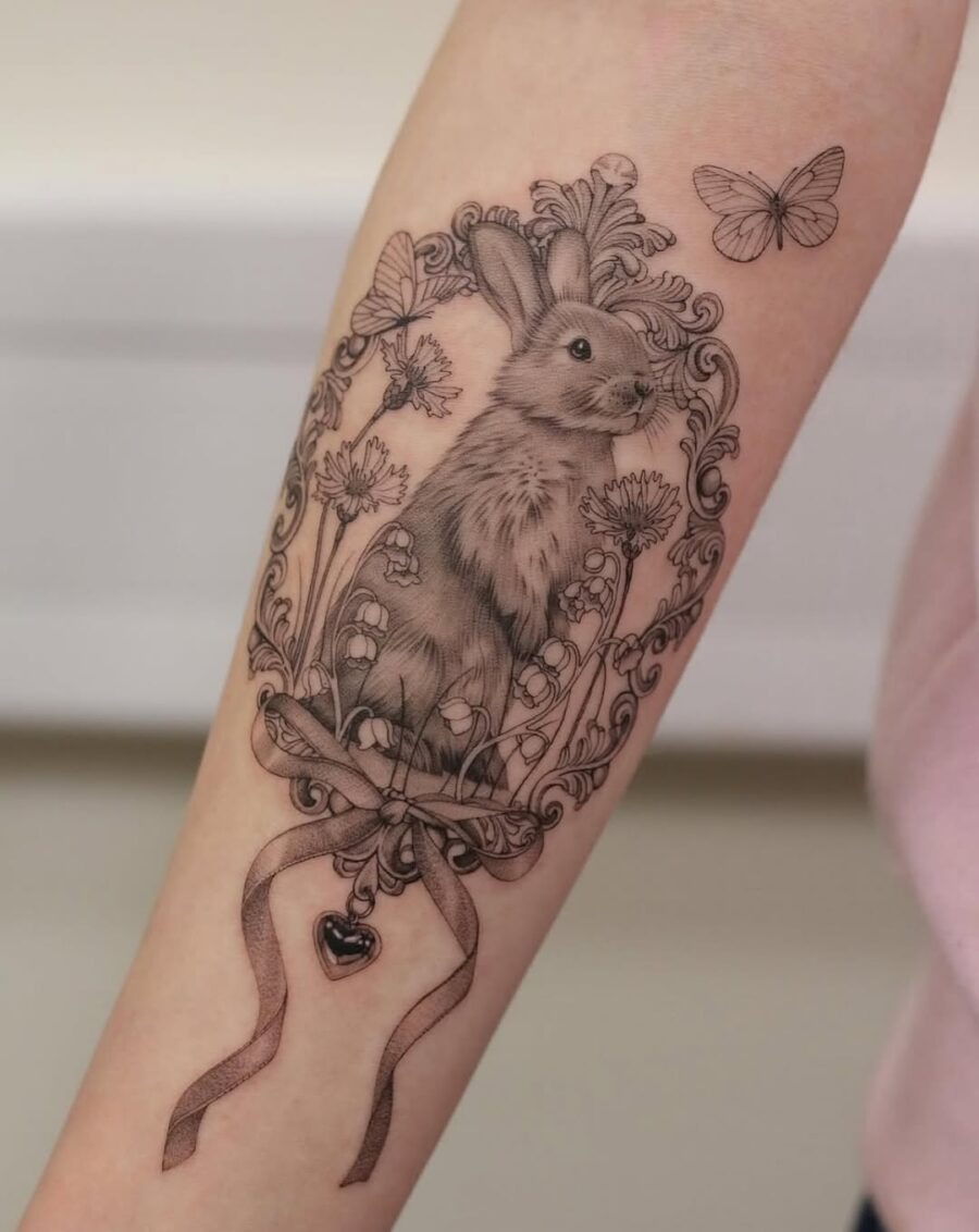 Elegant rabbit tattoo surrounded by floral elements Tattoo Design