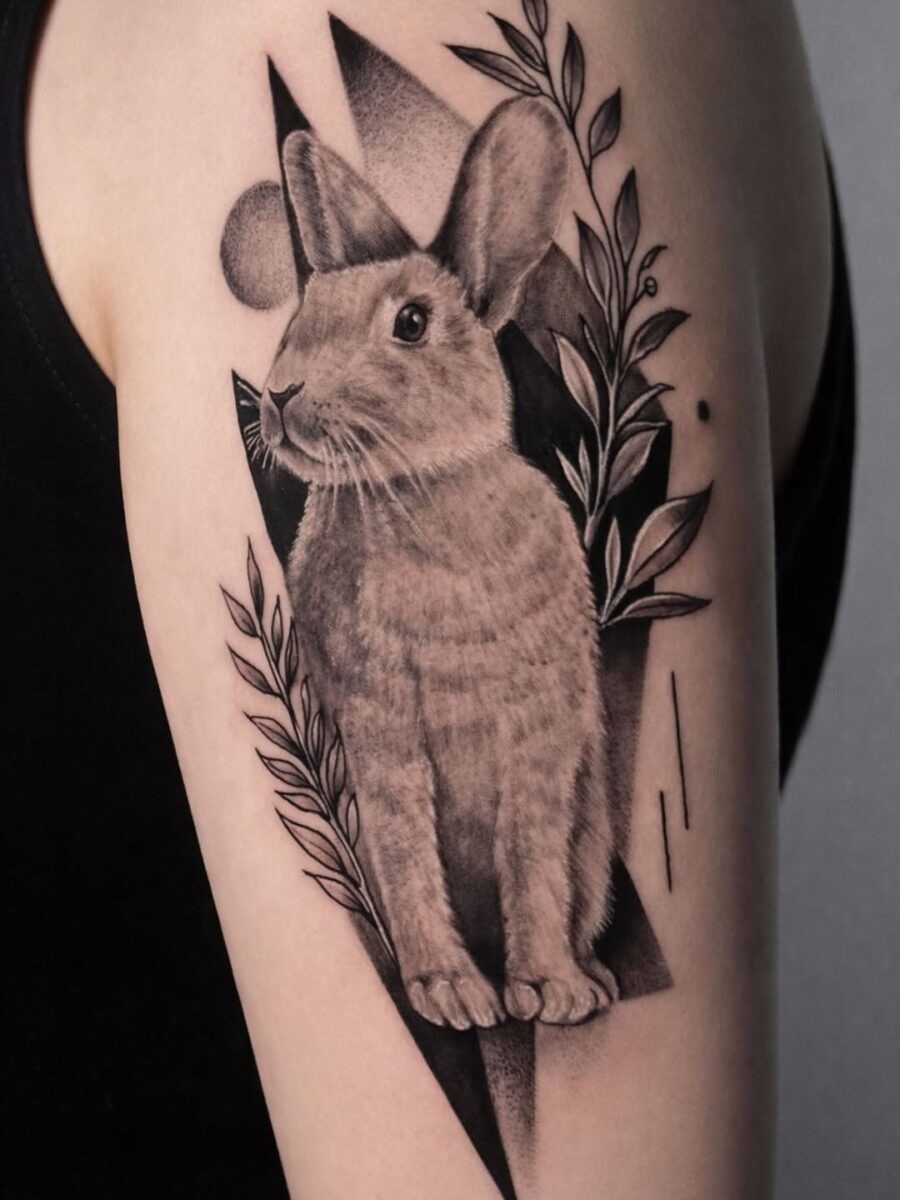 Intricate rabbit tattoo with floral elements Tattoo Design