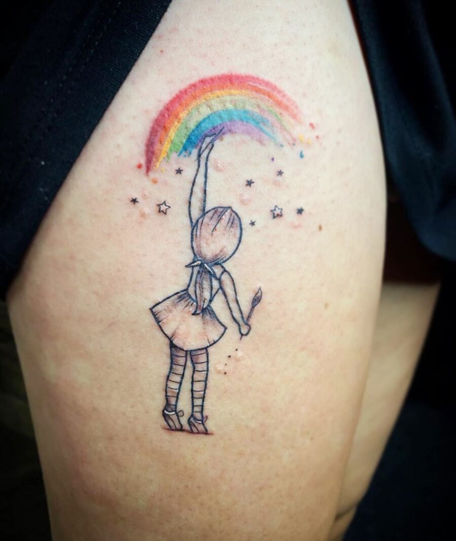 Charming Rainbow Baby Tattoo with Loving Elements Tattoo Design