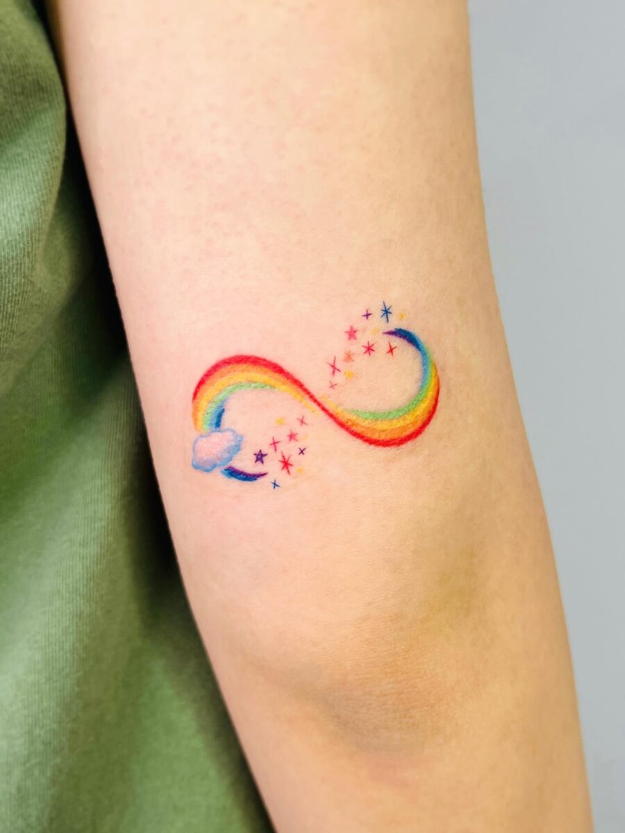 Colorful rainbow baby tattoo with sun imagery Tattoo Design