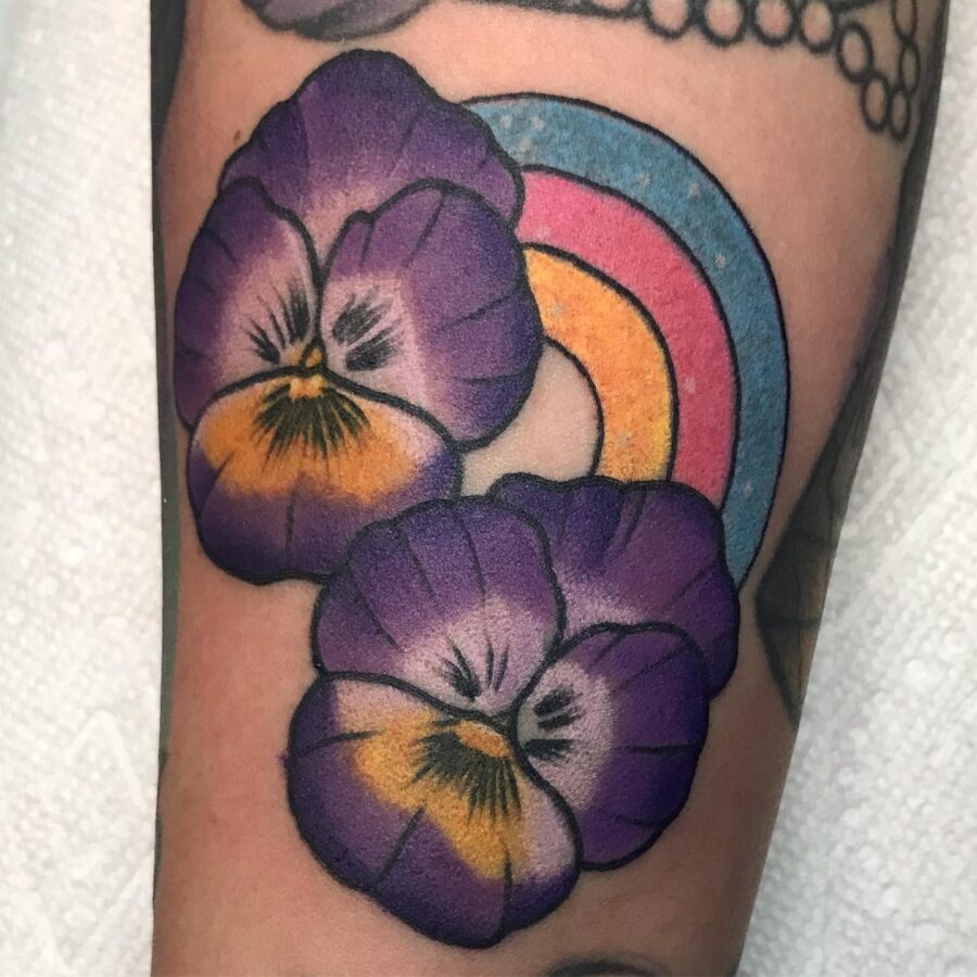 Vibrant rainbow baby tattoo with pansies Tattoo Design