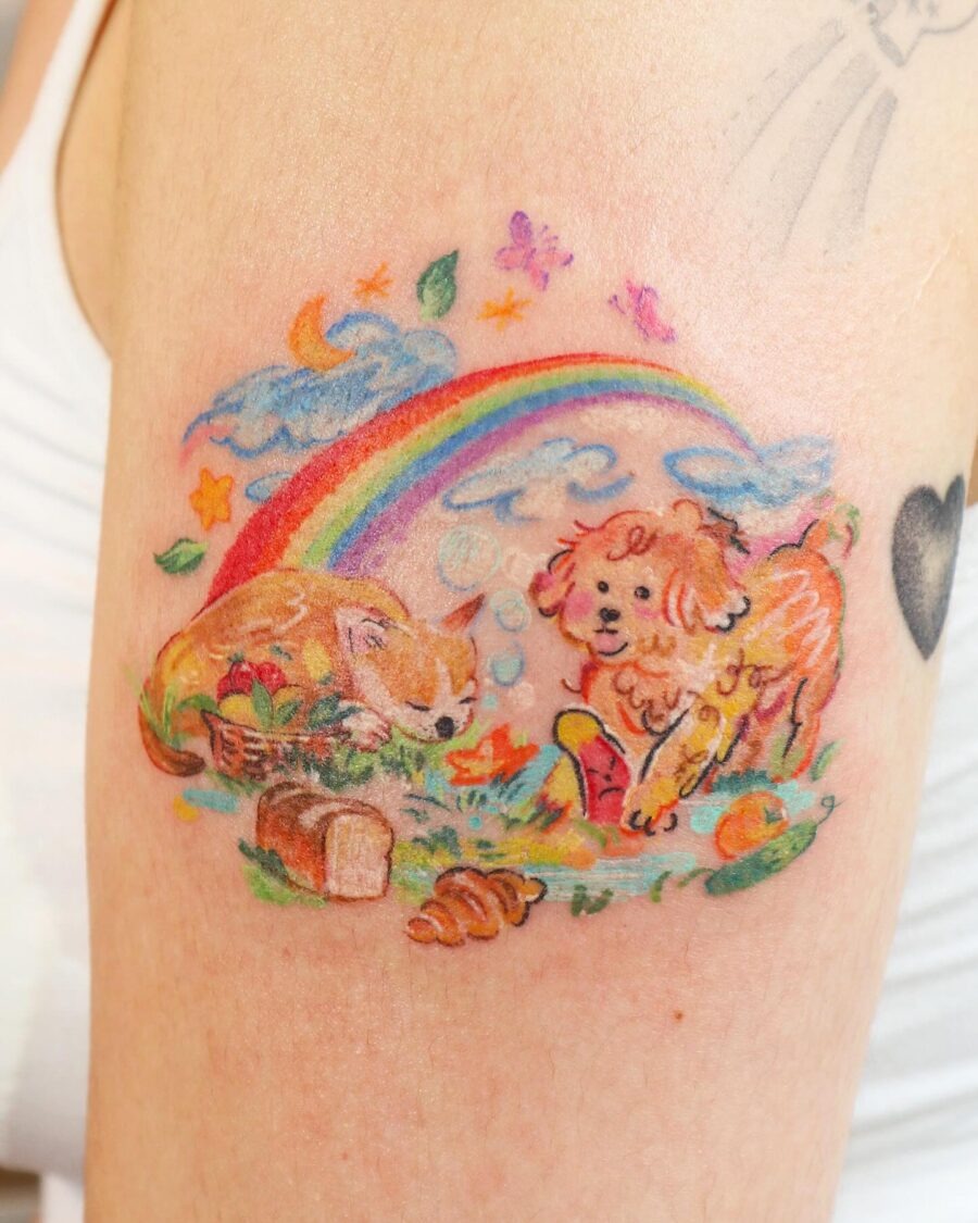 Vibrant rainbow baby tattoo with playful animals Tattoo Design