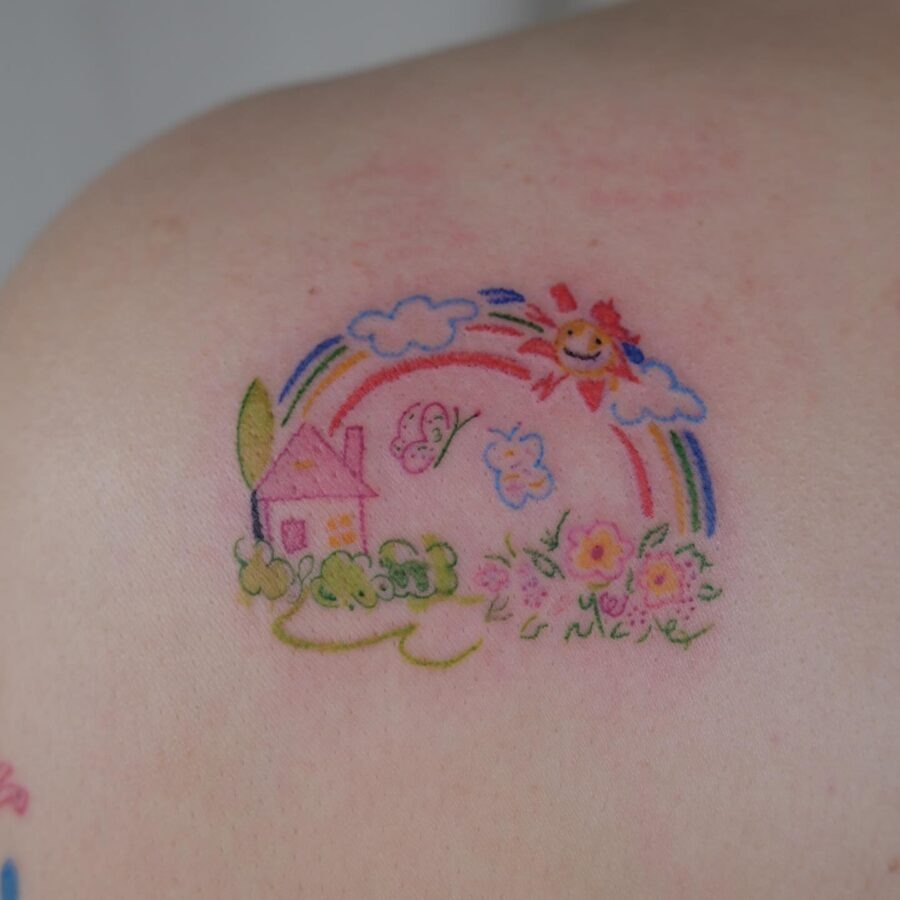 Whimsical rainbow baby tattoo with nature elements Tattoo Design
