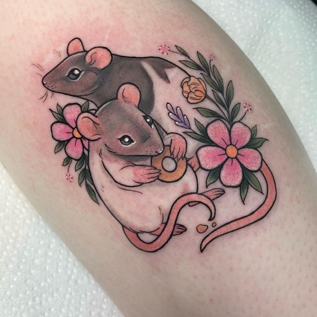 Cute Floral Rat Pair Tattoo Tattoo Design