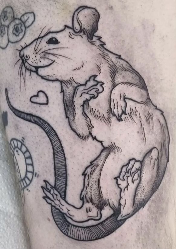 Soft Blackwork Rat with Heart Detail Tattoo Design