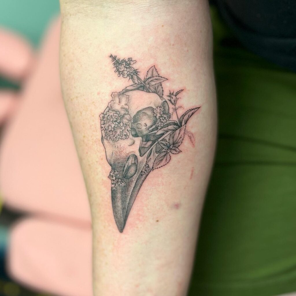 Botanical Raven Skull Tattoo Design