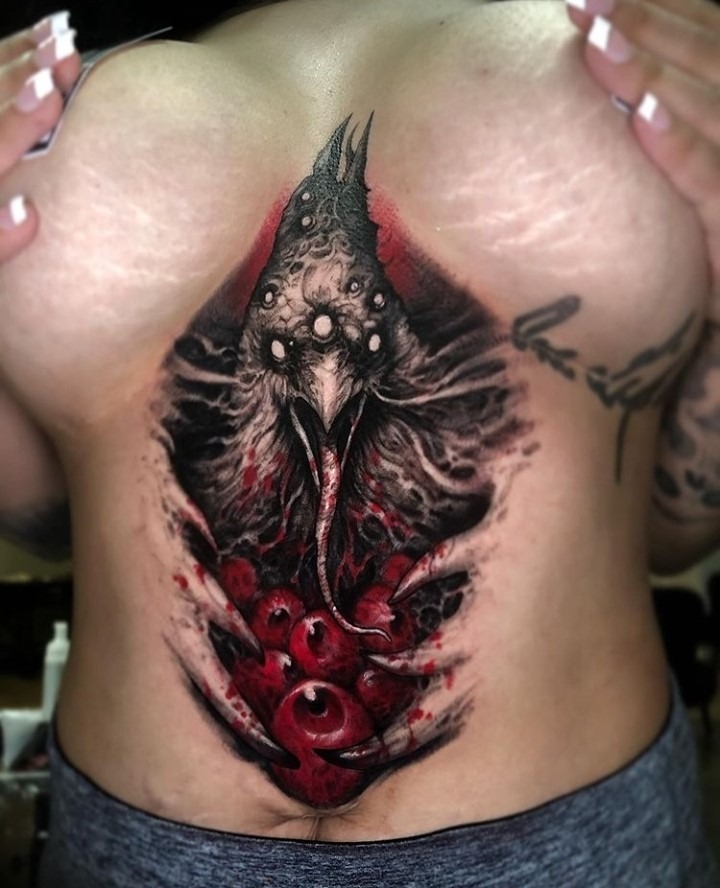 Dark Raven and Heart of Eyes Tattoo Design