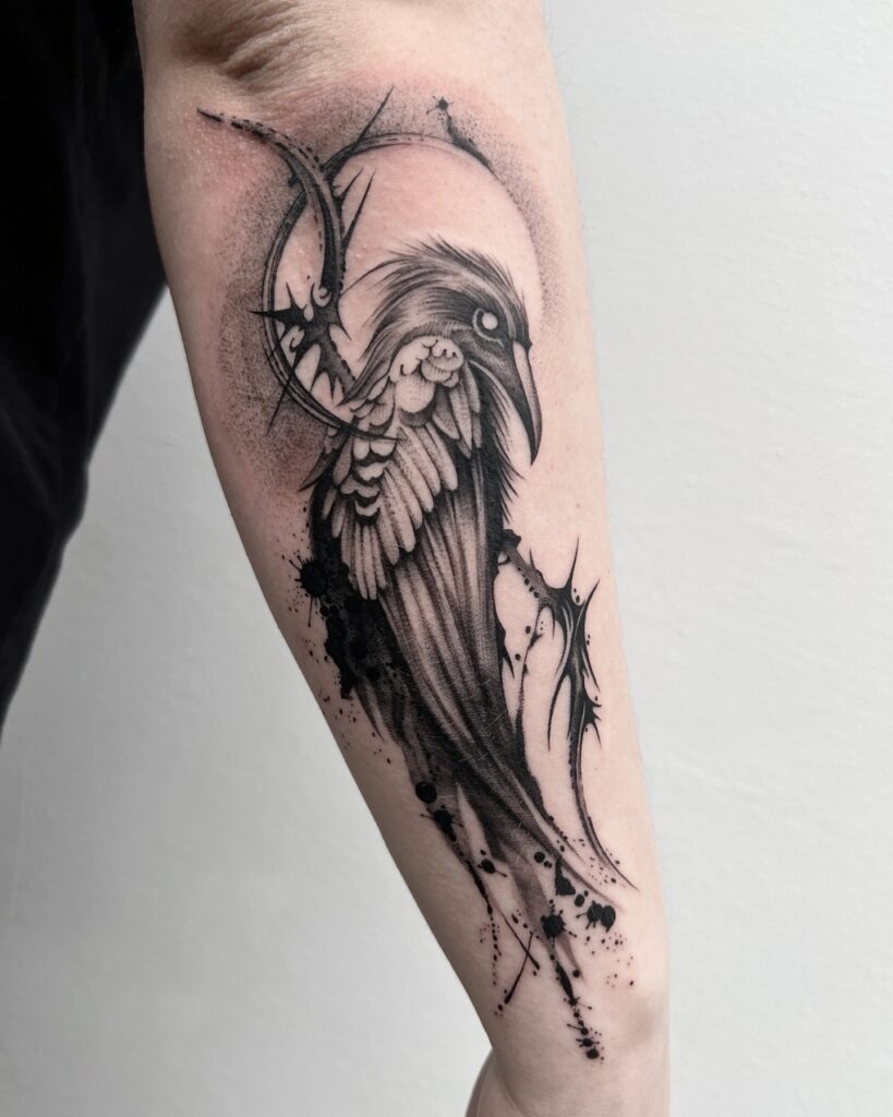 Ethereal Raven and Crescent Moon Tattoo Design