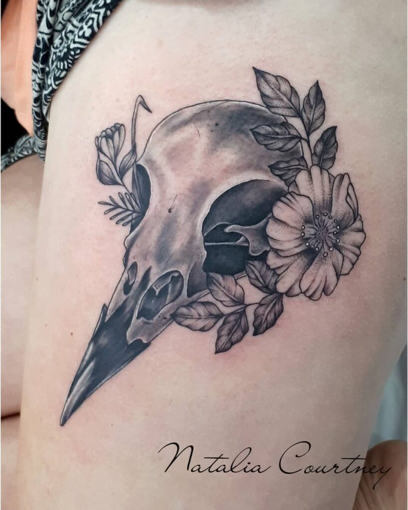 Floral Raven Skull Tattoo Design