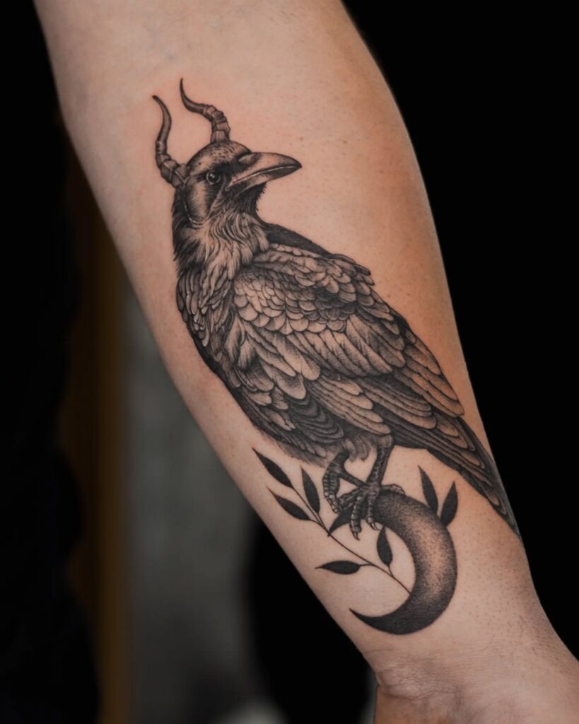 Horned Raven and Crescent Moon Tattoo Design
