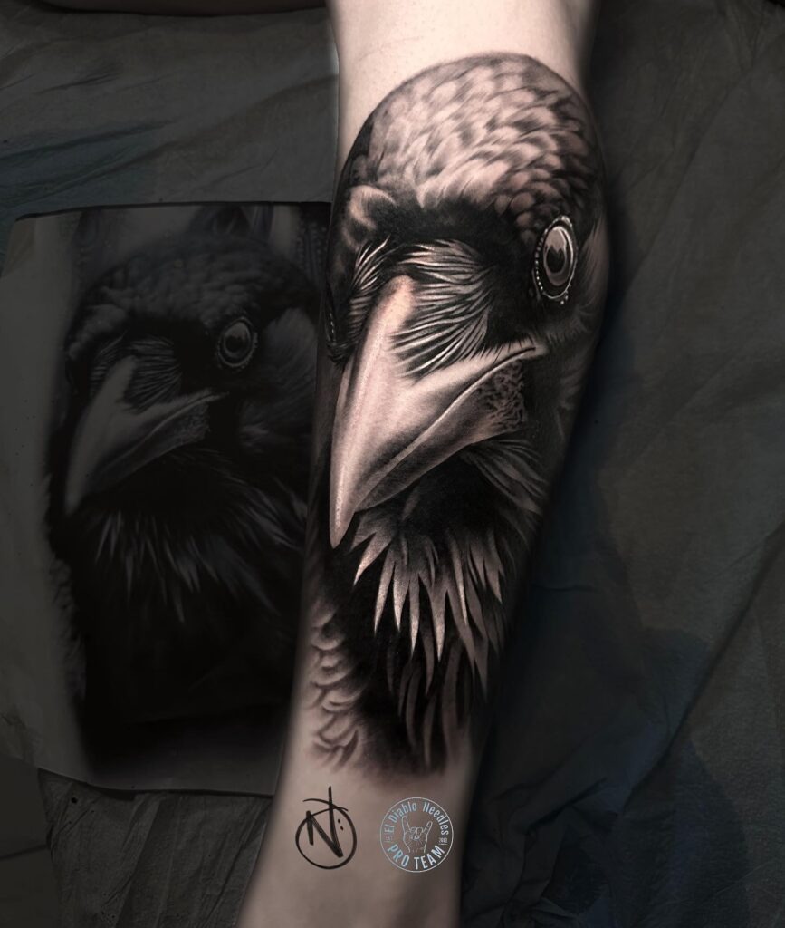 Hyper-Realistic Raven Portrait Tattoo Design