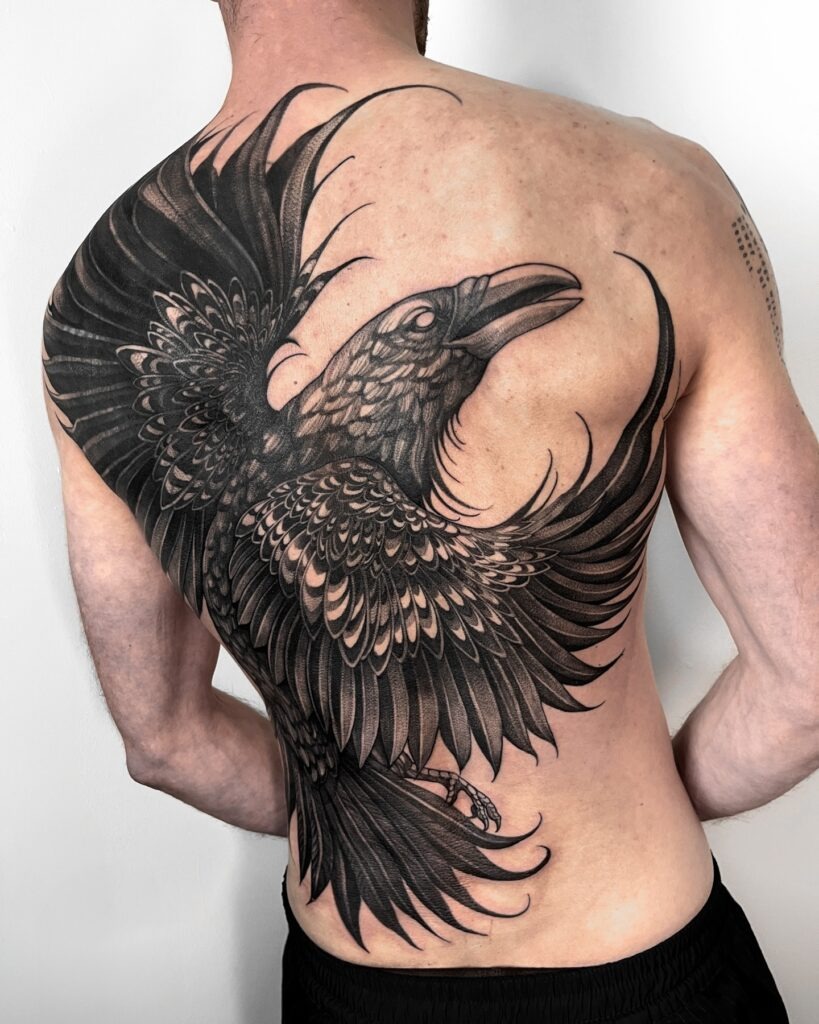 Majestic Raven Back Tattoo Design