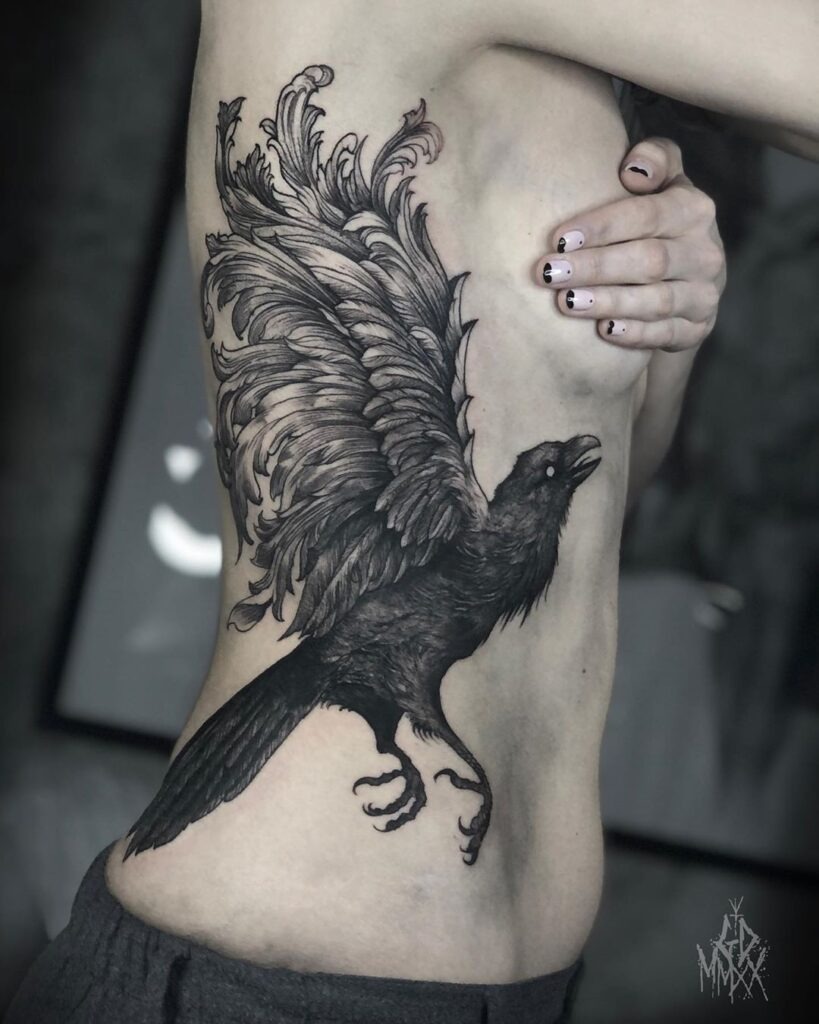 Majestic Raven with Ornate Wings Tattoo Design