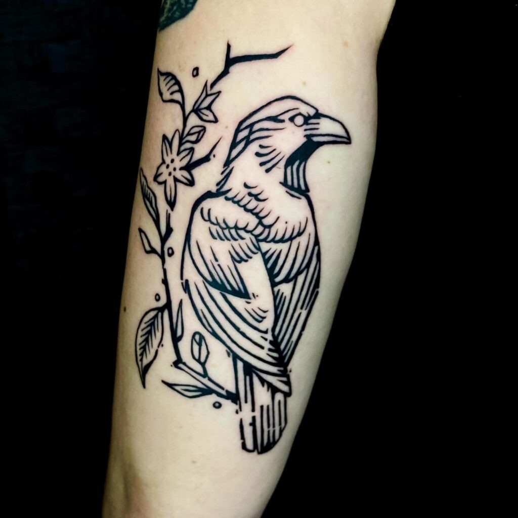 Minimalist Linework Raven Tattoo Design