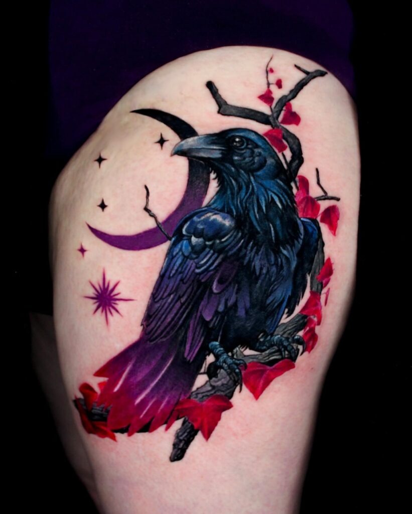 Mystical Raven and Crescent Moon Tattoo Design