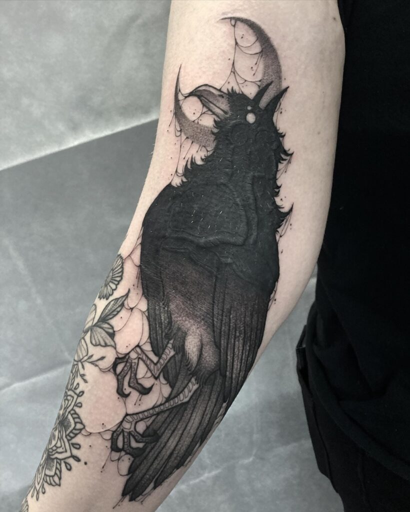 Mystical Raven and Crescent Moon Tattoo Design
