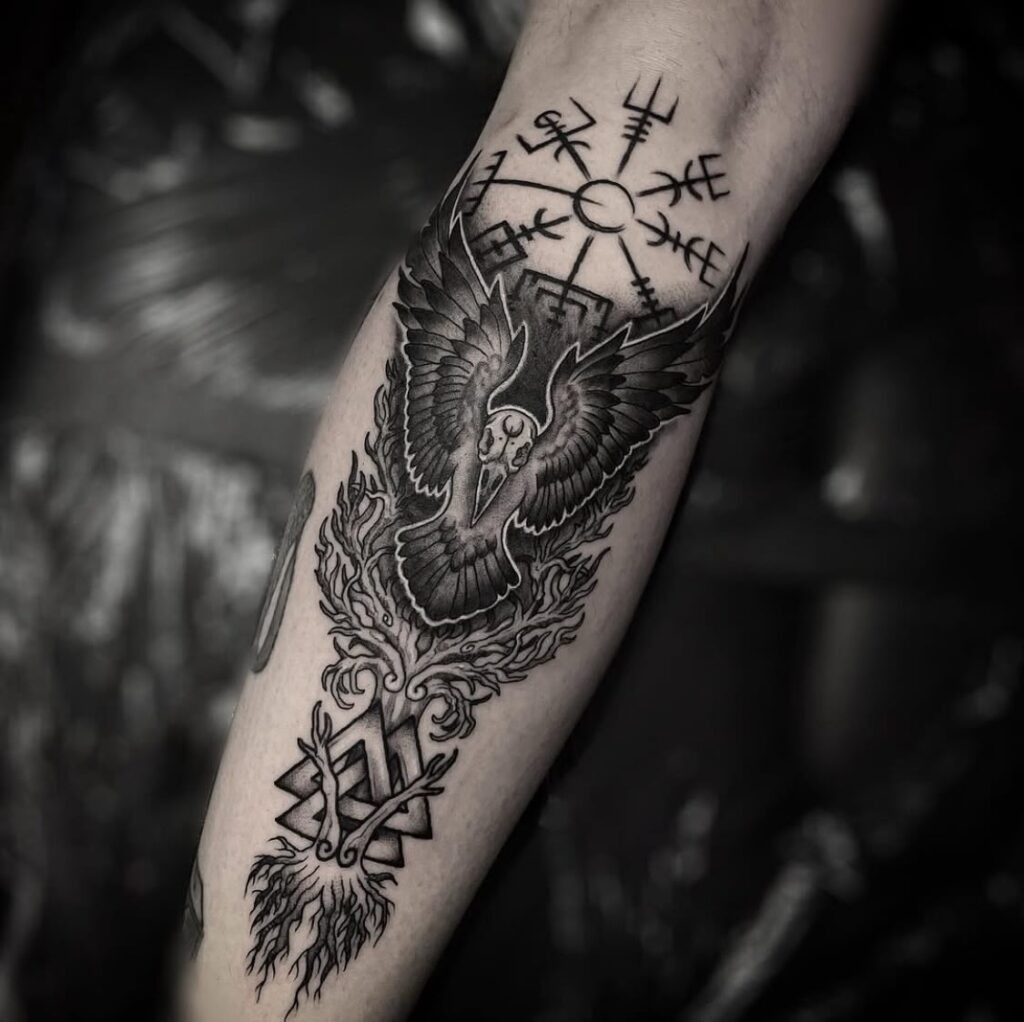 Mystical Raven and Norse Symbols Tattoo Design