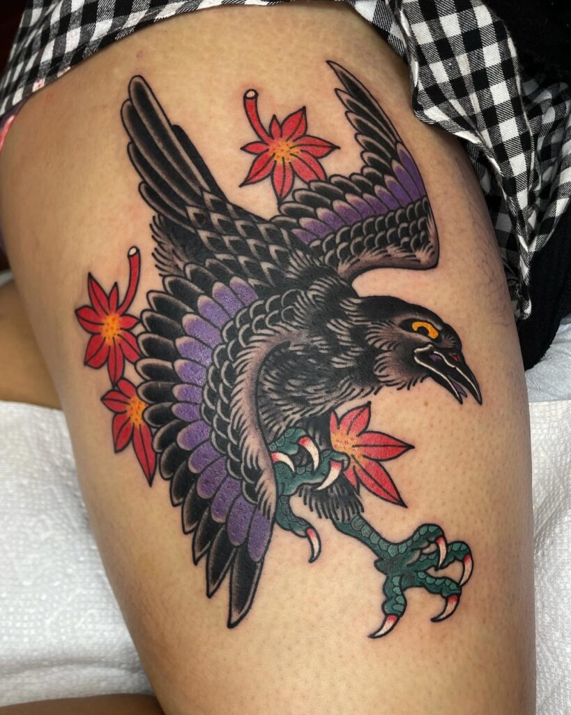 Neo-Traditional Raven and Flowers Tattoo Design