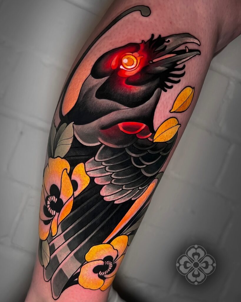Neo-Traditional Raven and Poppies Tattoo Design