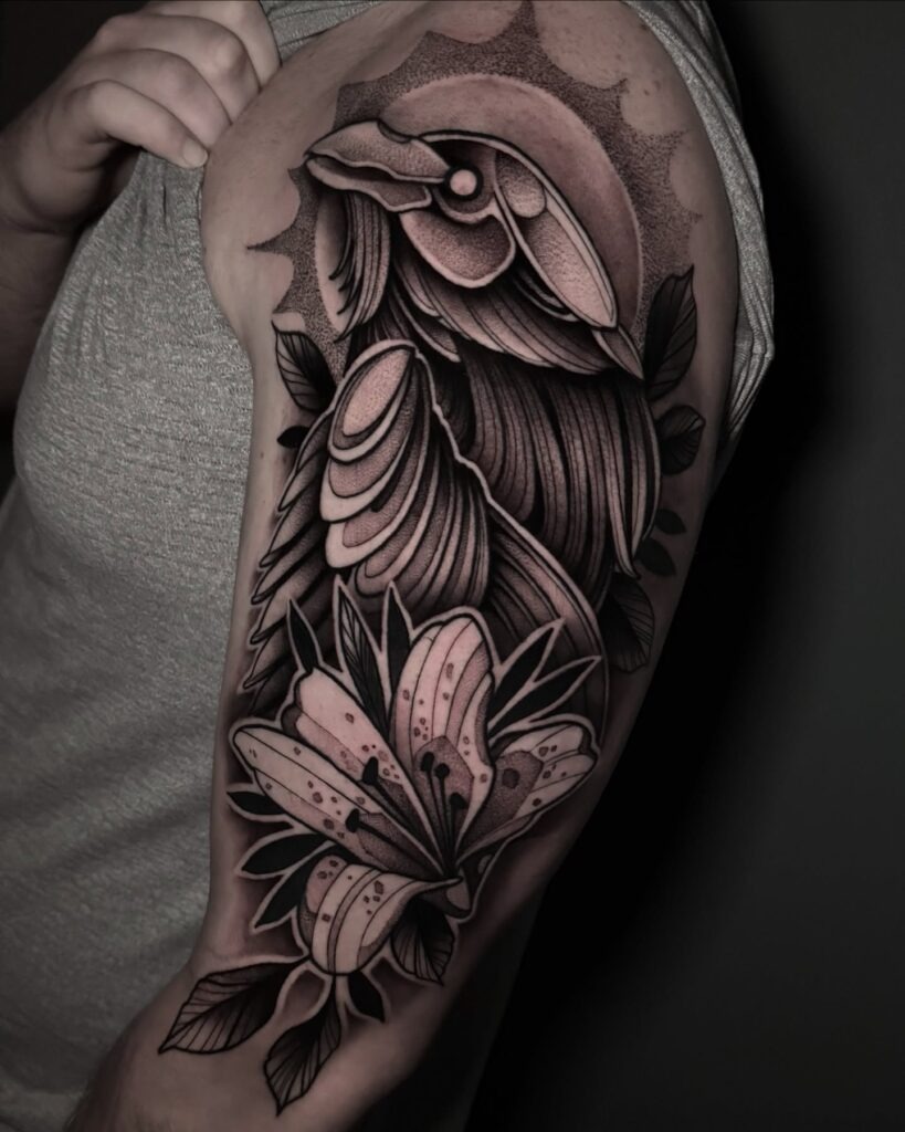 Ornamental Raven and Lily Tattoo Design