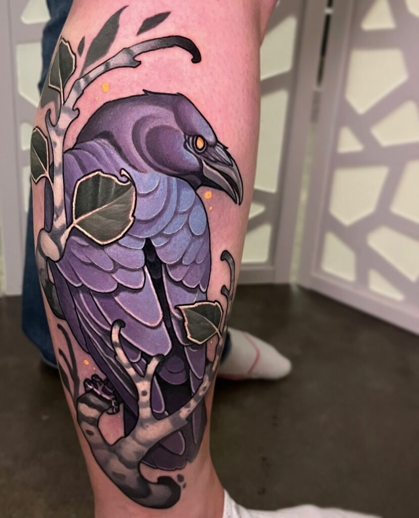Purple Raven and Birch Branches Tattoo Design