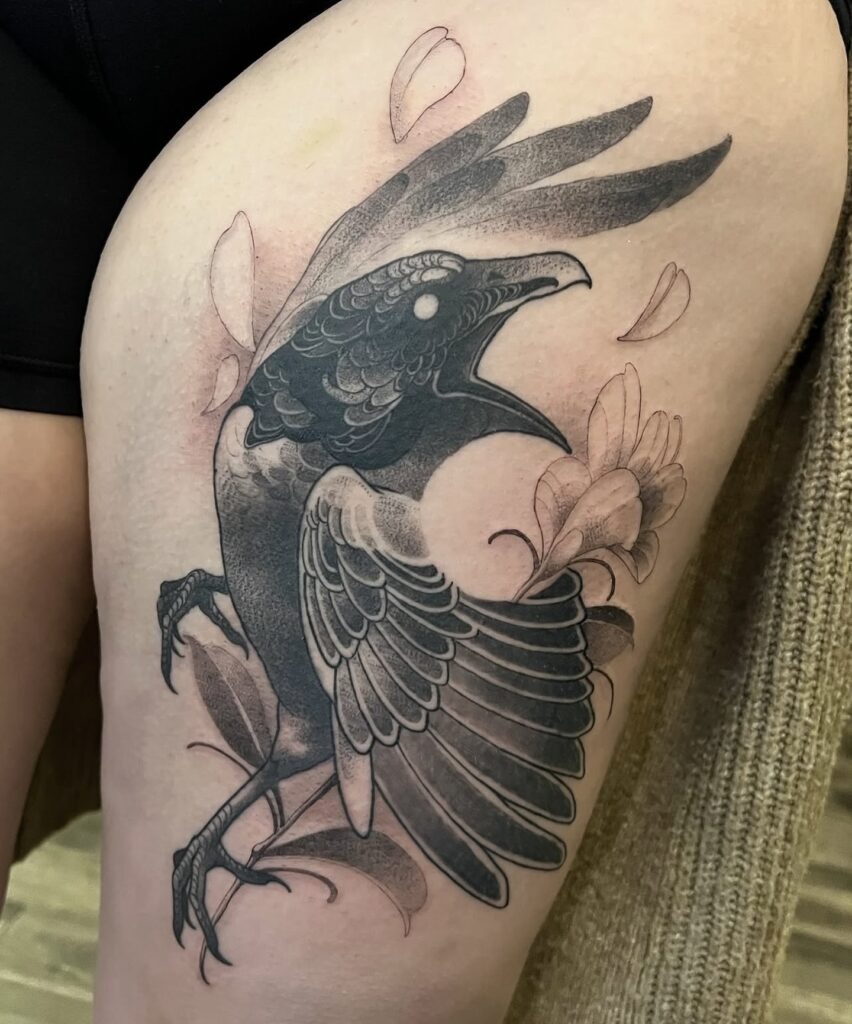 Raven and Falling Petals Tattoo Design
