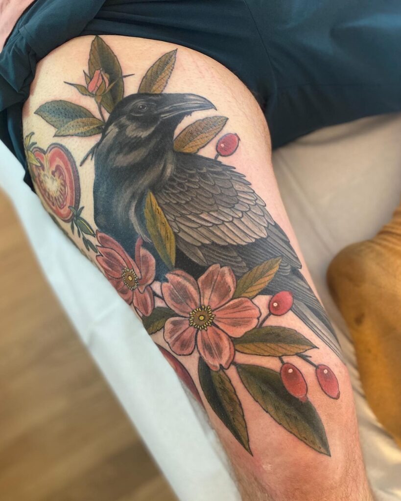 Raven and Floral Thigh Tattoo Design