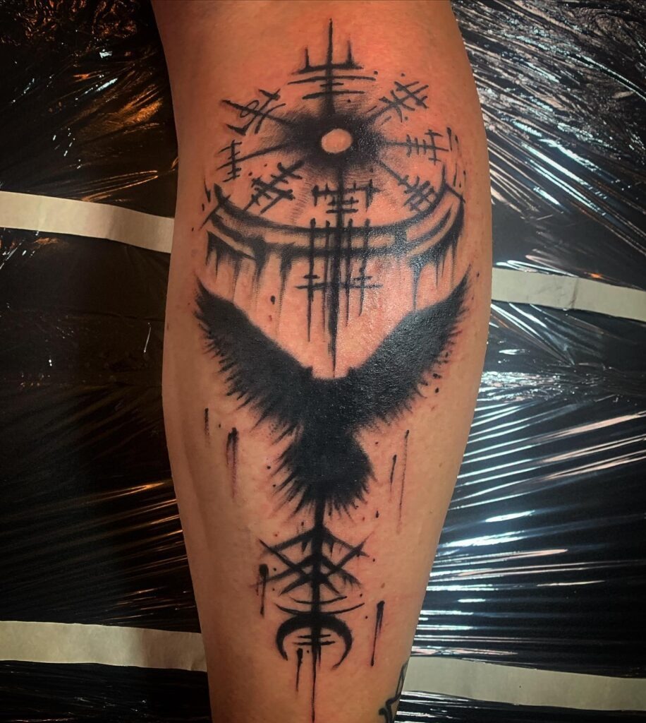 Raven and Nordic Runes Tattoo Design