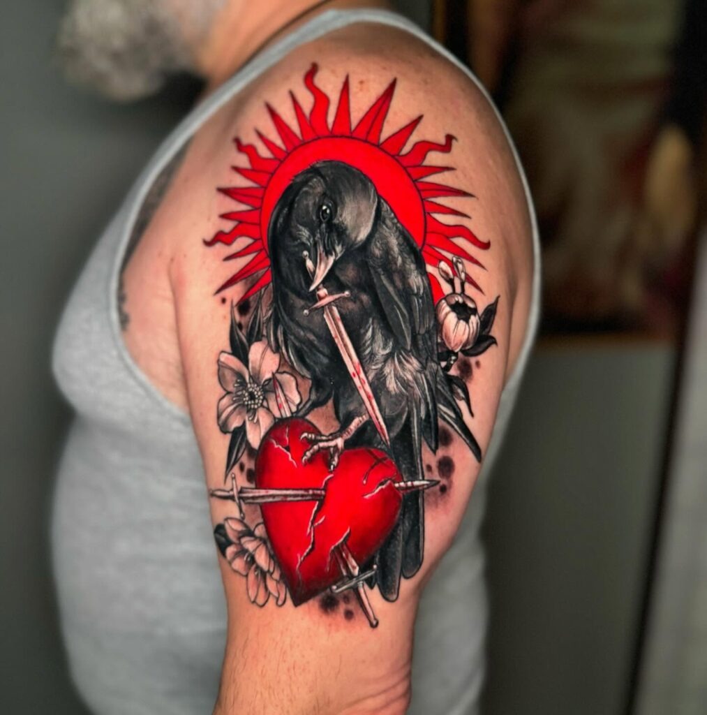 Raven and Pierced Heart Tattoo Design