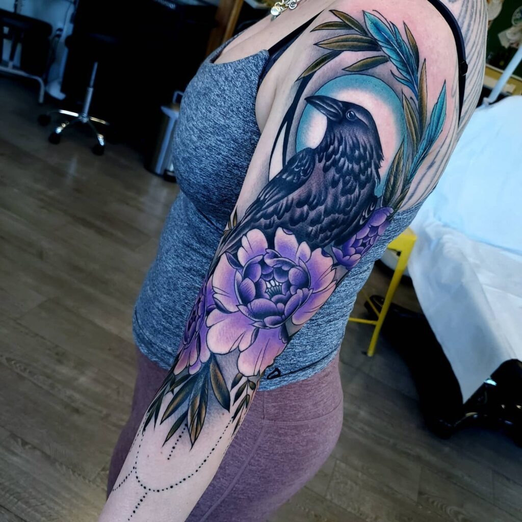 Raven and Purple Peony Sleeve Tattoo Design