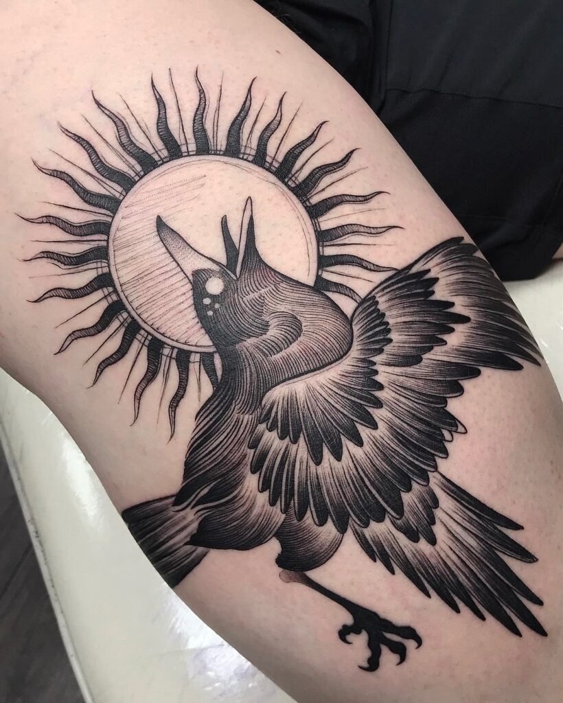 Raven and Radiant Sun Tattoo Design