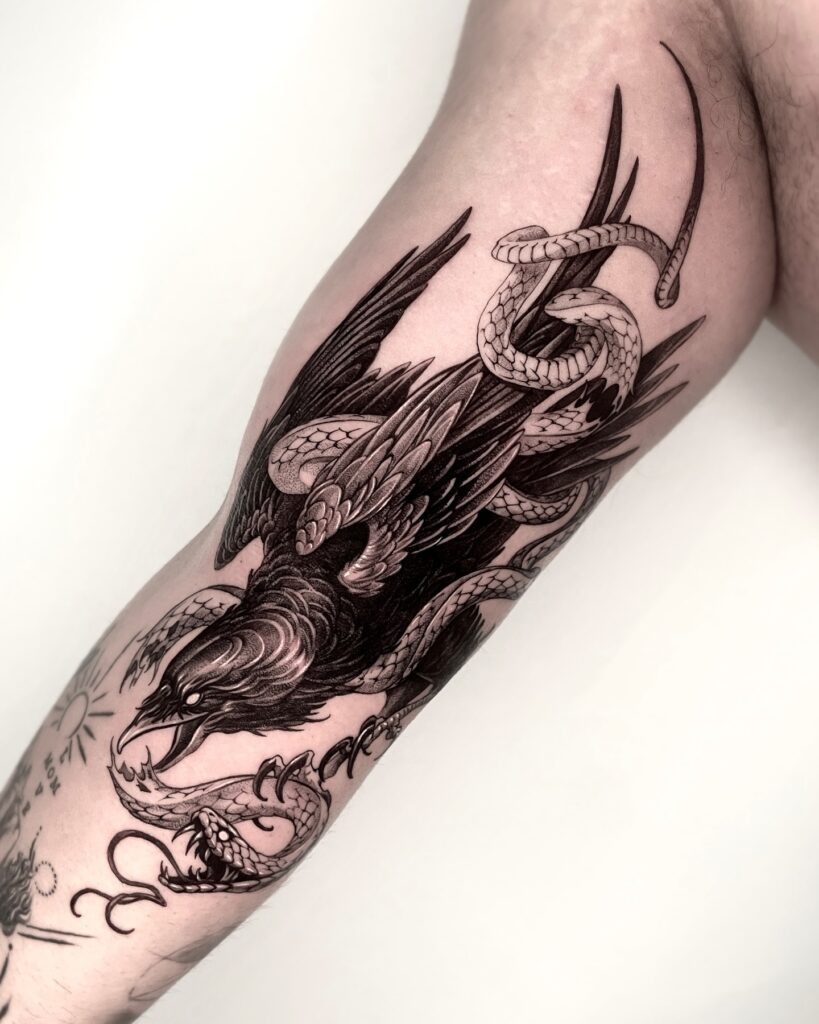 Raven and Serpent Battle Tattoo Design
