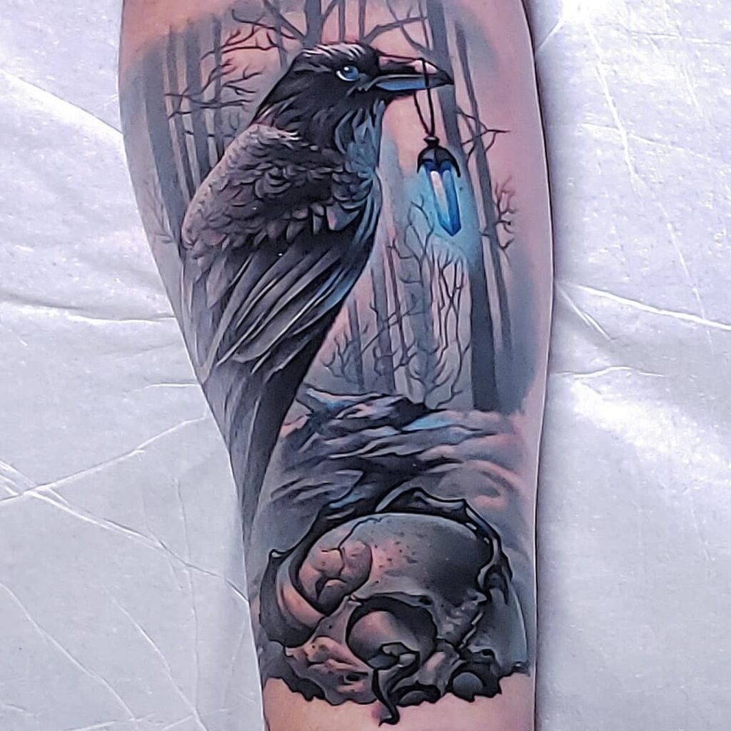 Raven and Skull Lantern Tattoo Design