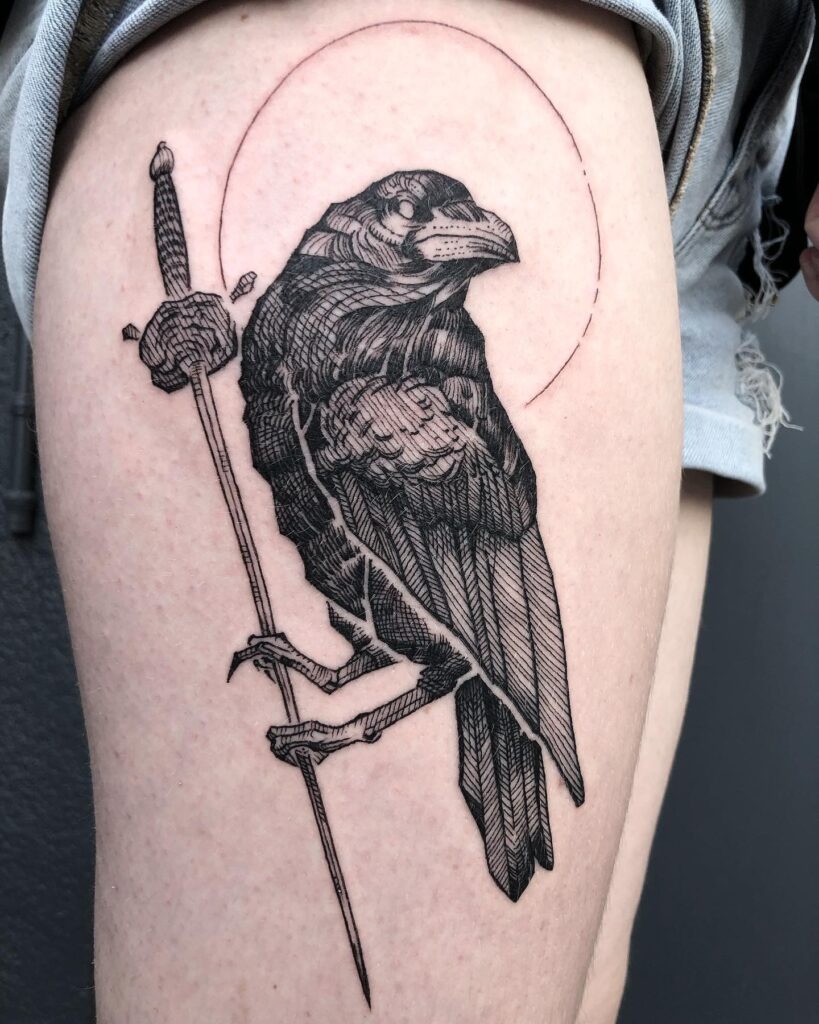 Raven and Sword Linework Tattoo Design