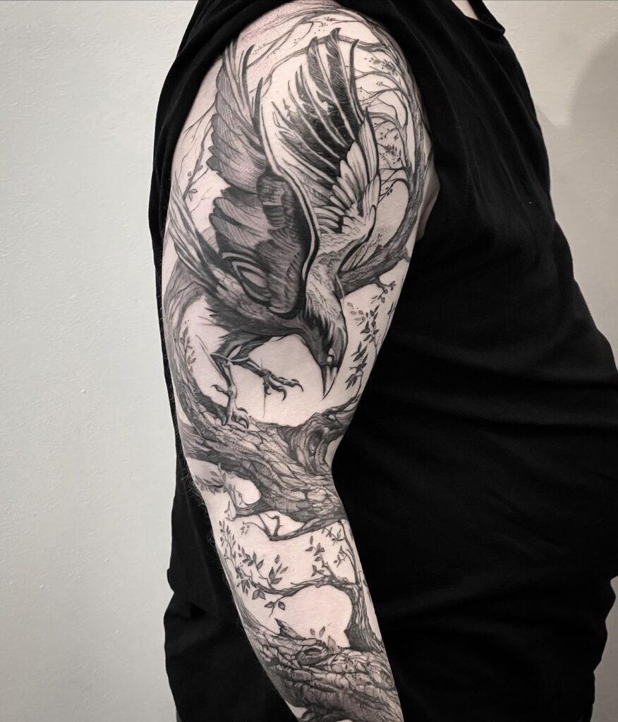 Raven and Tree Sleeve Tattoo Design