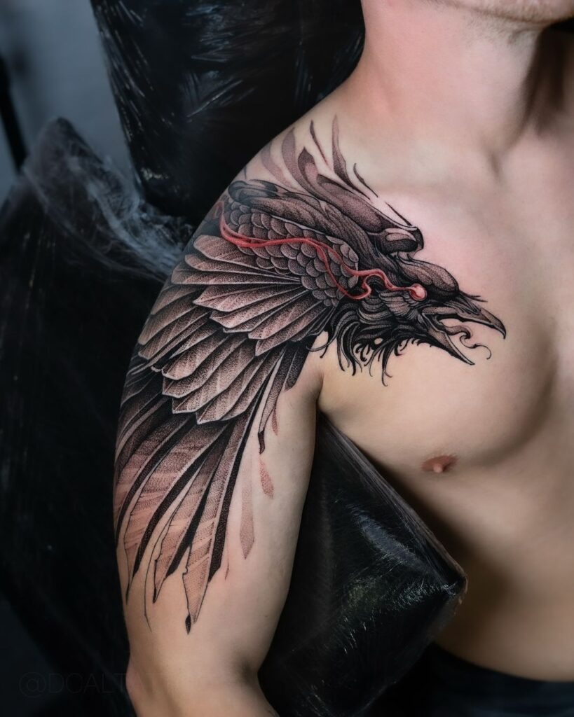 Raven in Flight Shoulder Tattoo Design