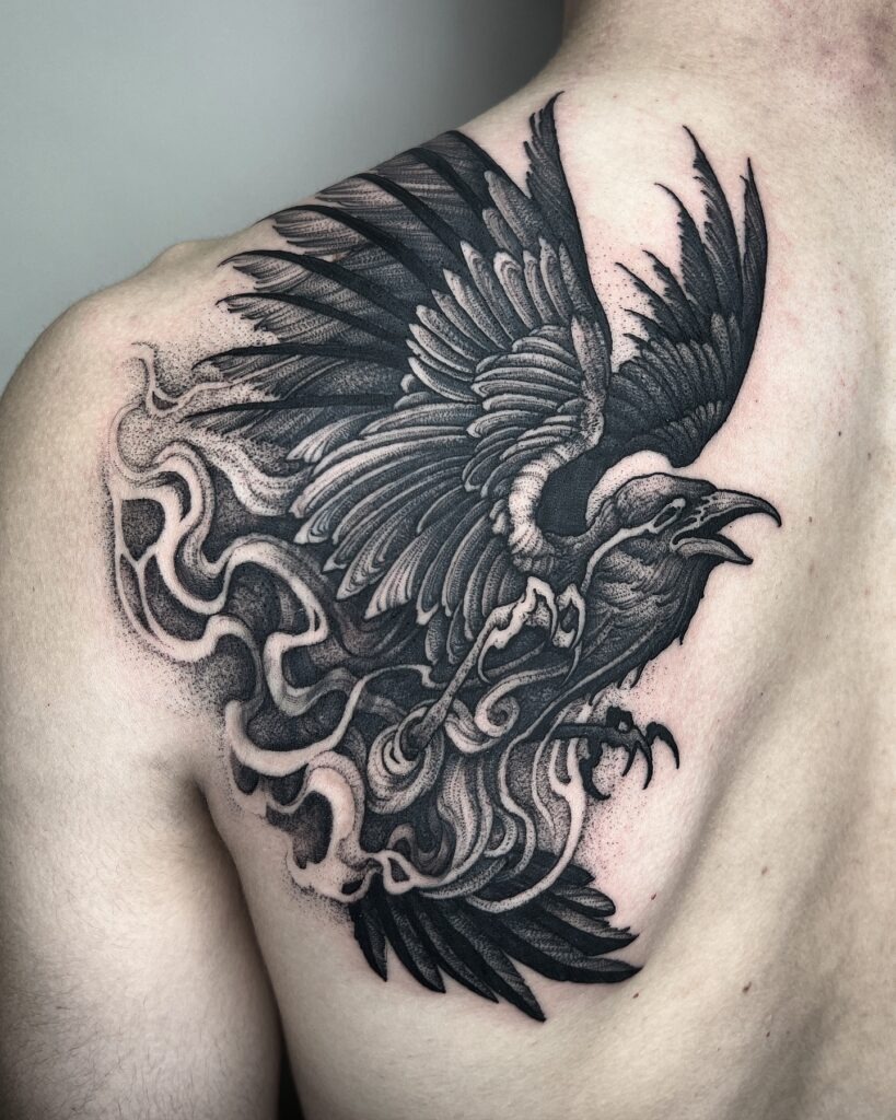 Raven in Smoke Tattoo Design