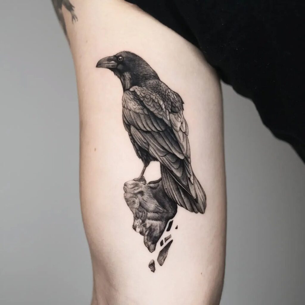 Raven on Crumbling Stone Tattoo Design