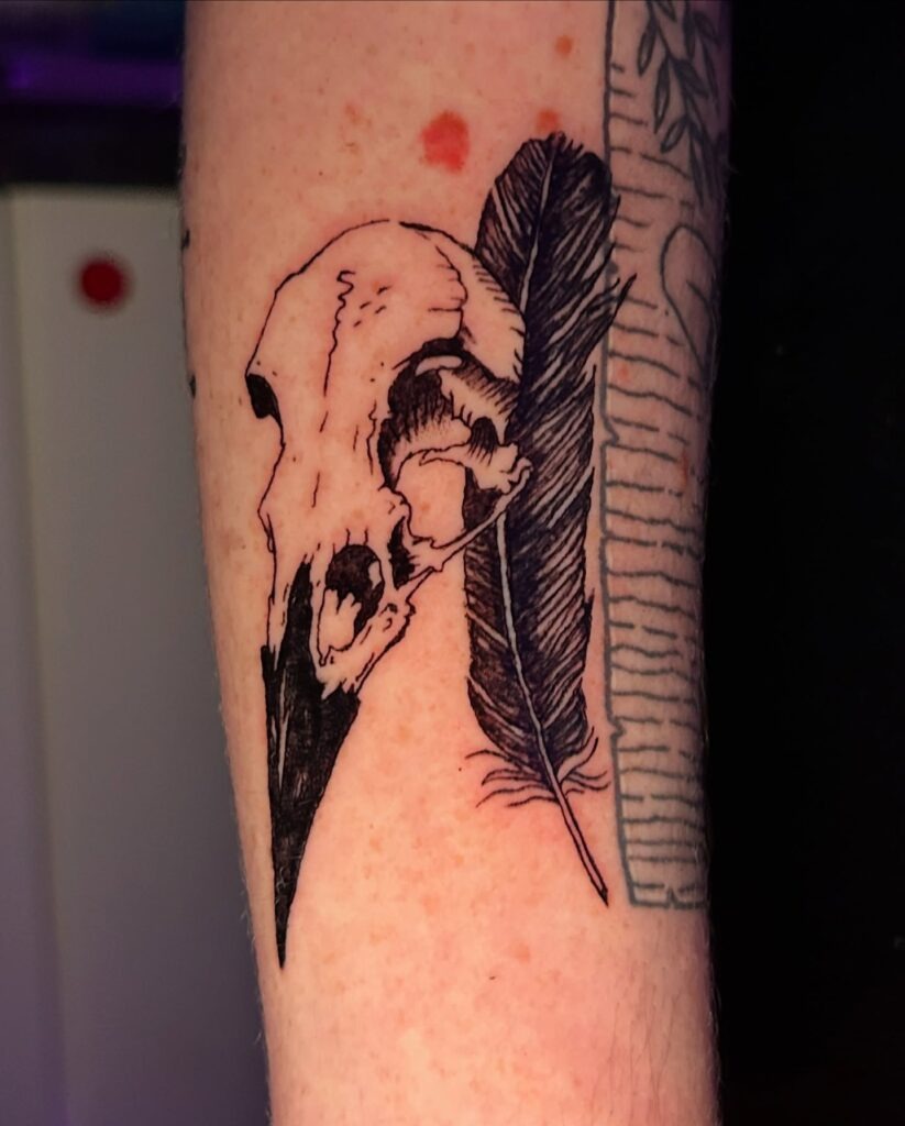 Raven Skull and Feather Tattoo Design