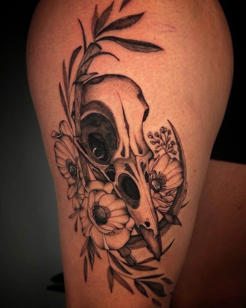 Raven Skull with Floral Frame Tattoo Design