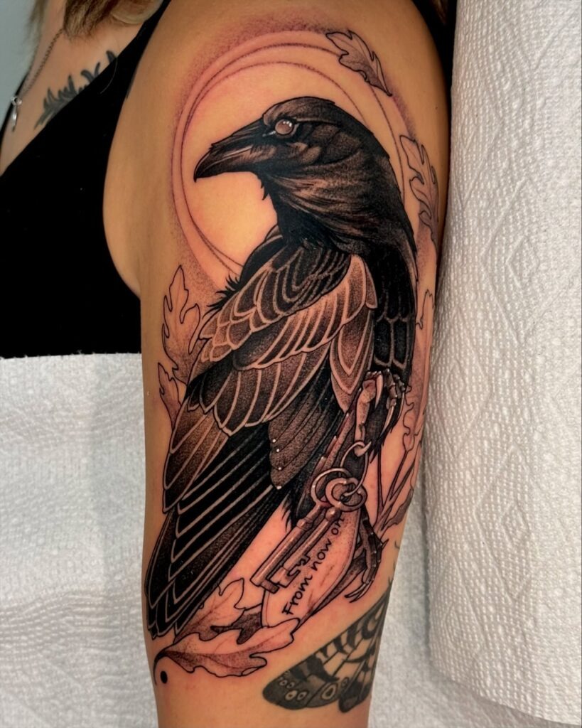 Raven With Key and Oak Leaves Tattoo Design
