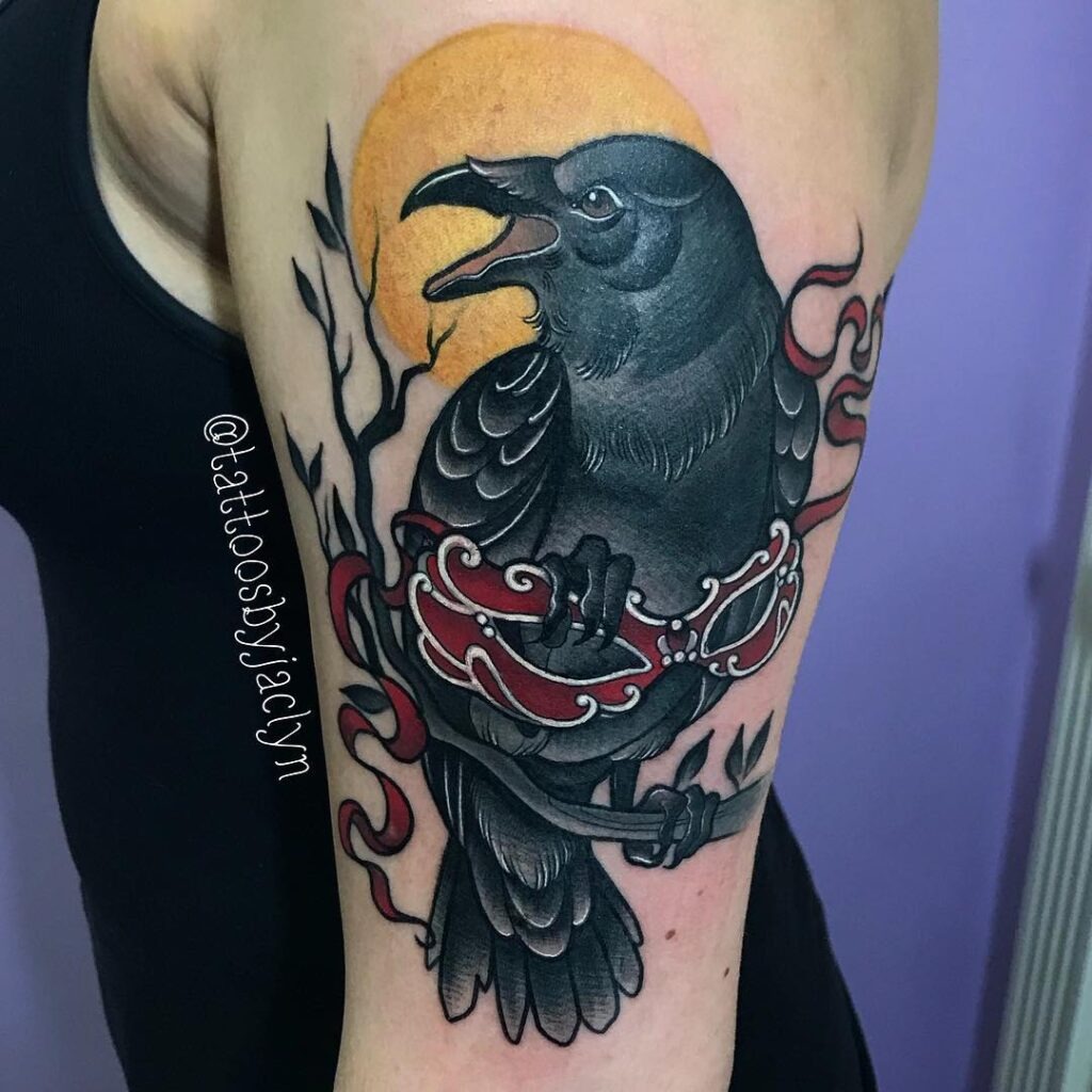 Raven with Ornate Mask Tattoo Design