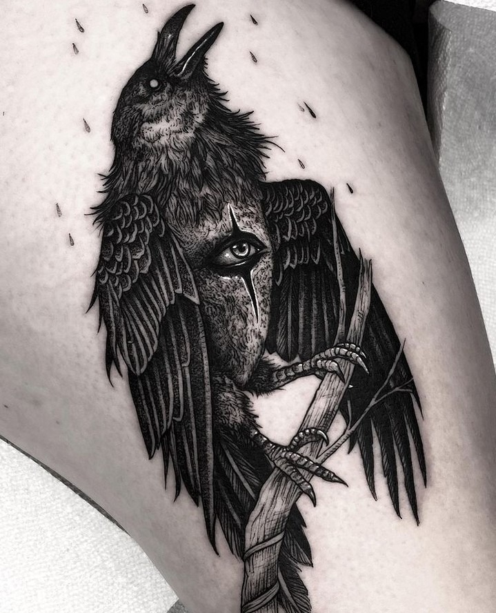 Raven With Piercing Chest Eye Tattoo Design