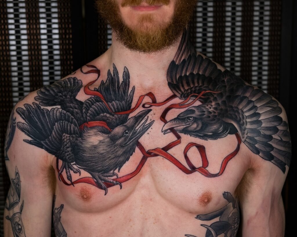 Ravens and Red Ribbon Chest Tattoo Design